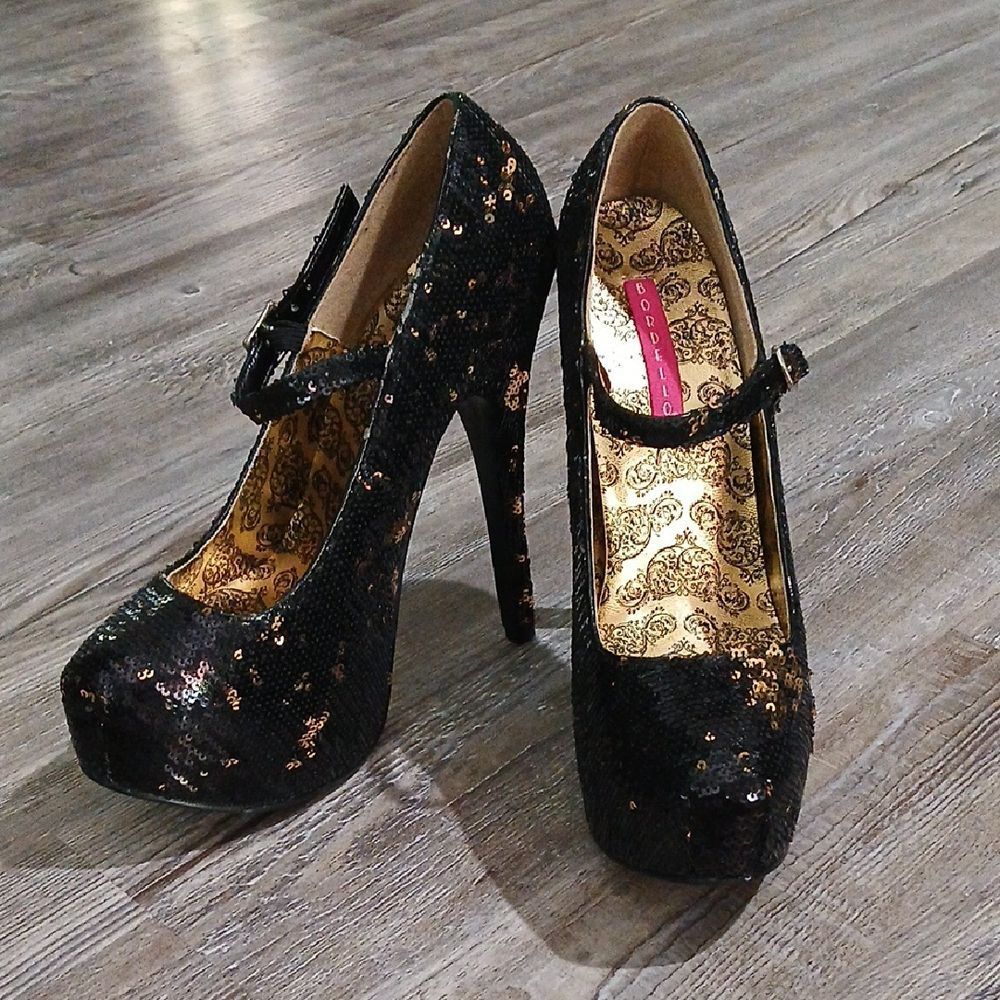 Bordello black gold  shifting sequin stiletto 6" heels Sz 7 NWOT